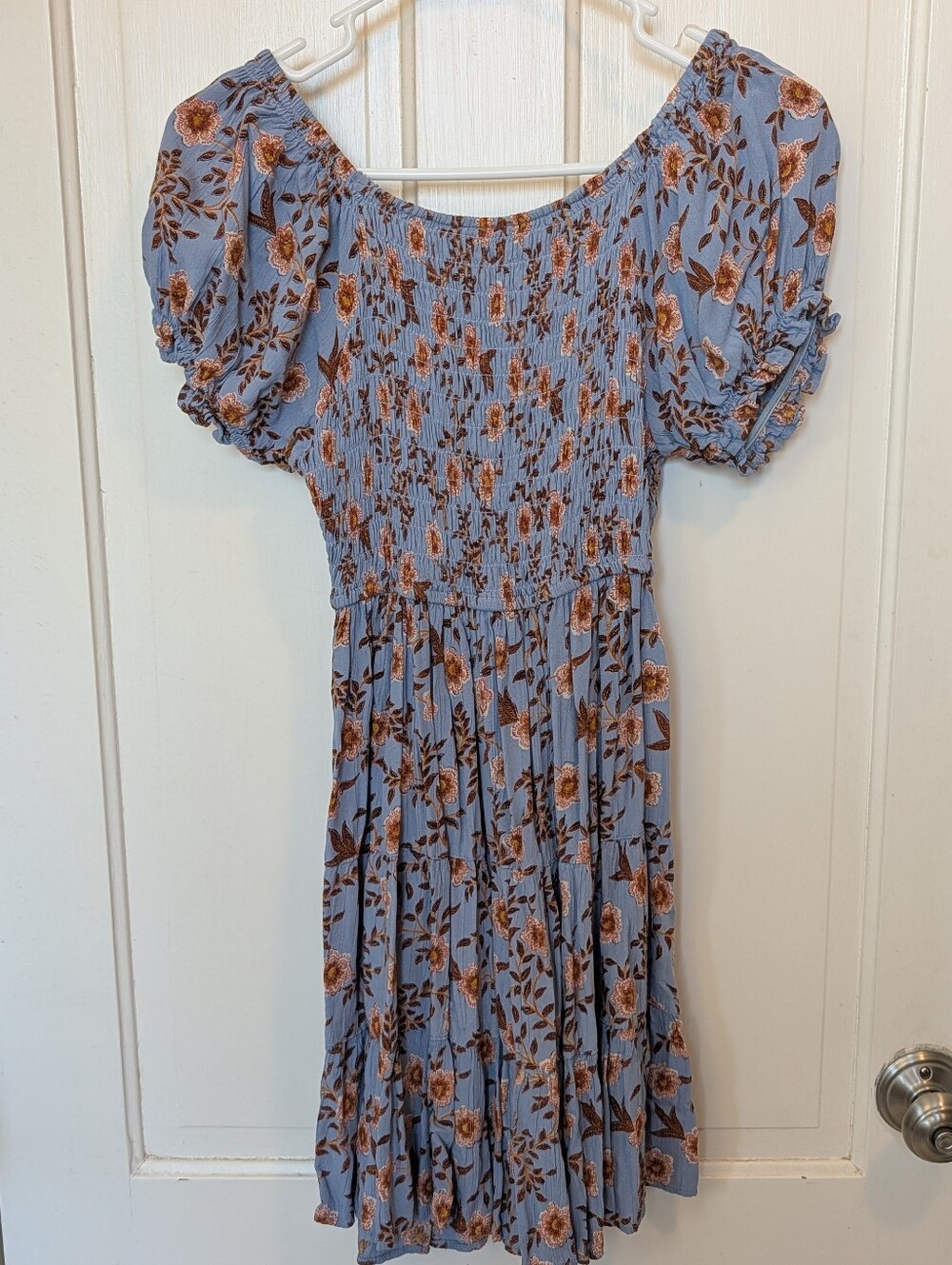 Angie Dusty Blue Floral Puff-Sleeve Dress - Picture 2 of 8